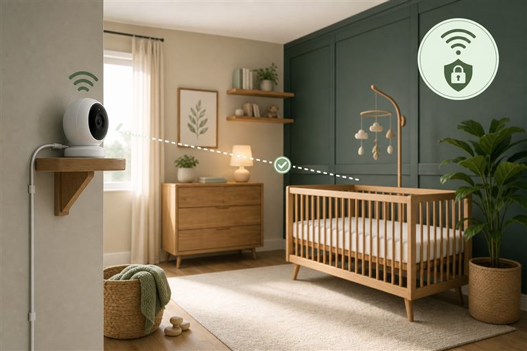 Baby monitor positioned securely away from a crib with its cord routed out of reach