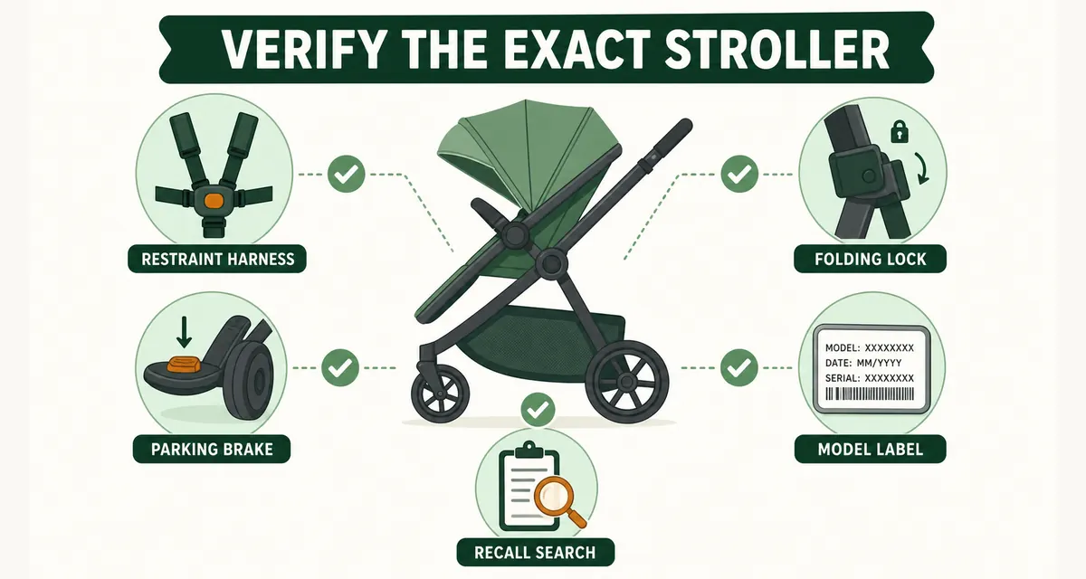 Baby stroller verification checklist showing harness, parking brake, folding lock, model label and recall search
