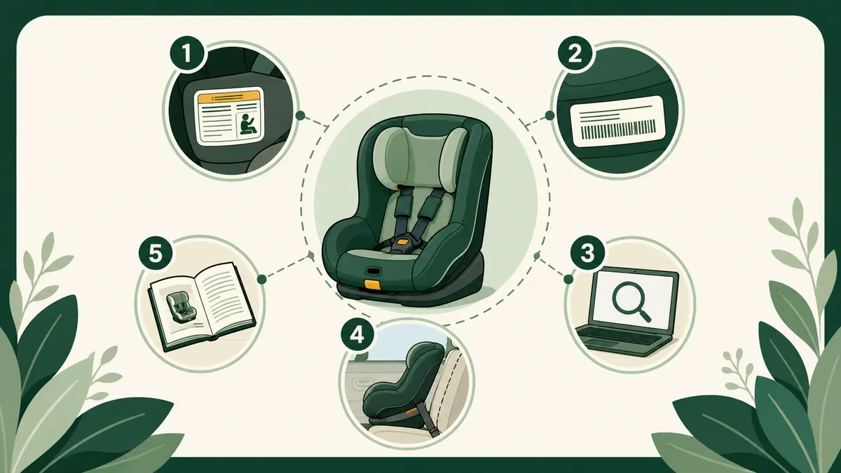 Car-seat verification workflow covering labels, exact model, recalls, manuals and vehicle fit