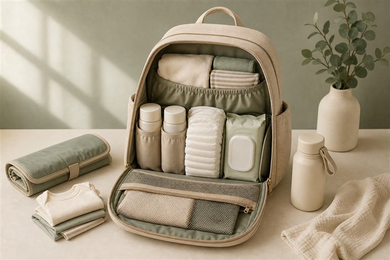 Open neutral diaper bag organized with diapers, wipes, bottles, folded baby clothes and a changing mat