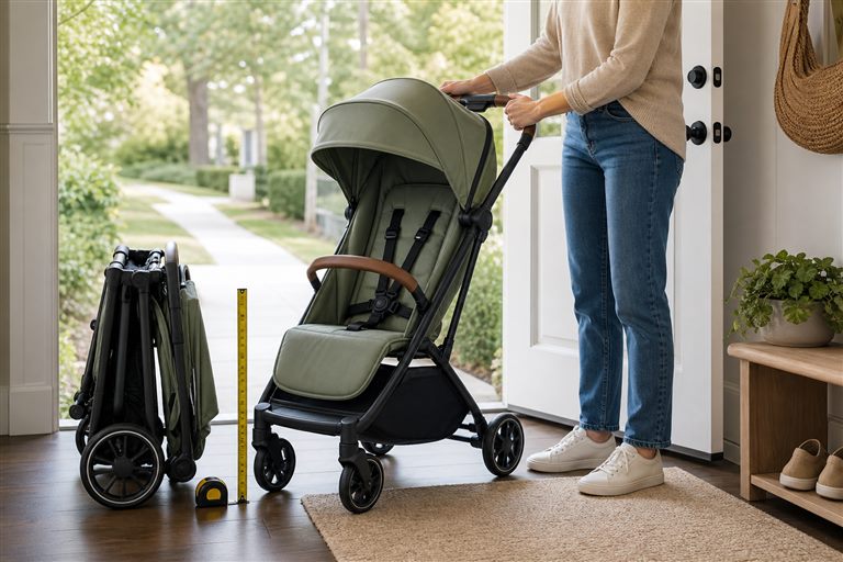 Caregiver comparing an open sage stroller with its folded size in a home entryway