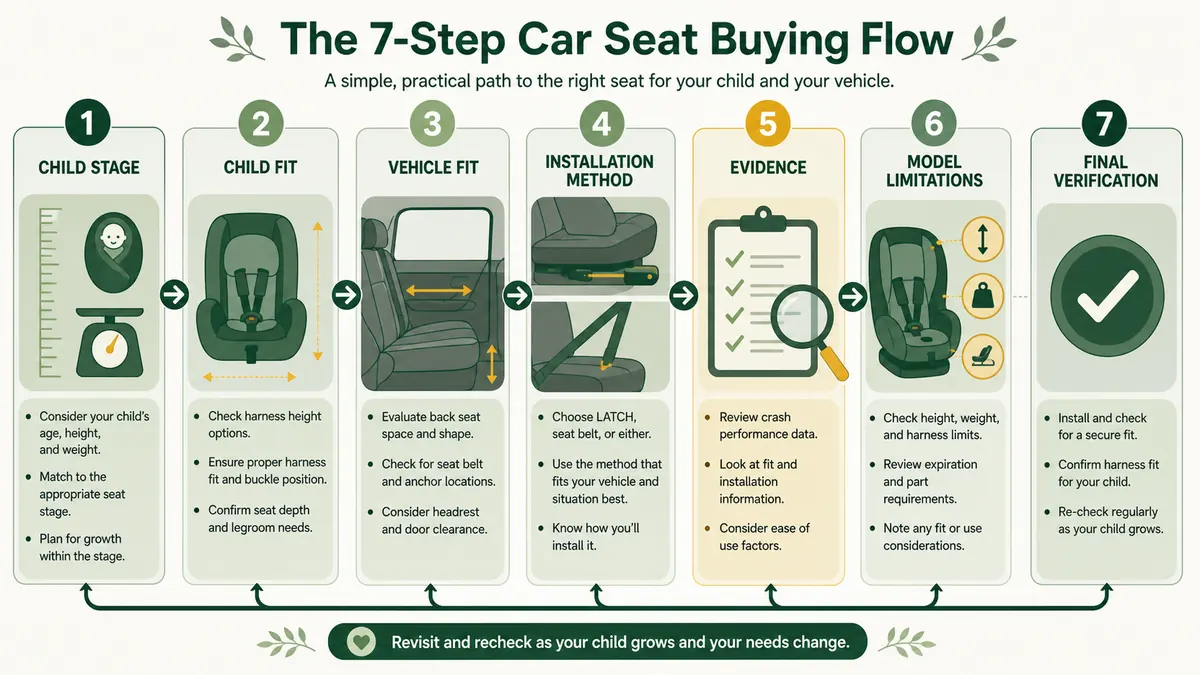 Seven-step car-seat buying framework from child stage through final verification