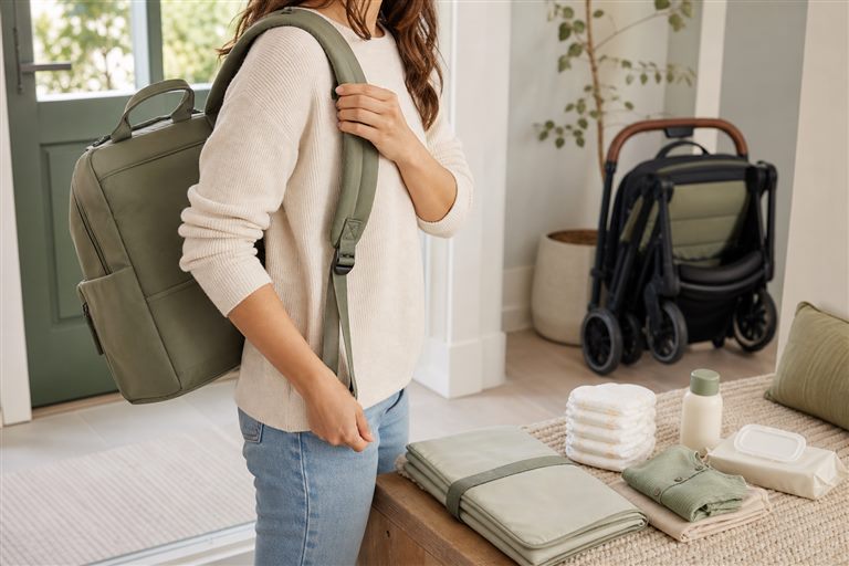 Caregiver testing the fit of a neutral diaper bag beside organized outing essentials and a folded stroller