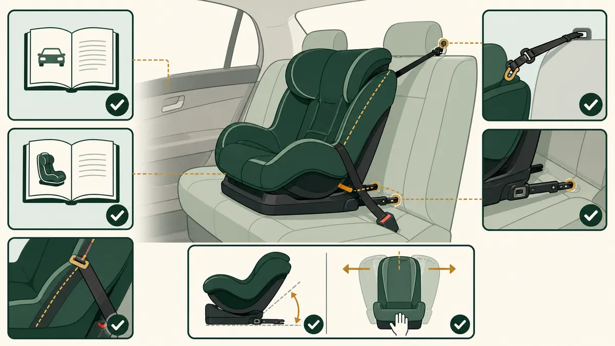 Car-seat installation illustration showing manuals, belt path, lower anchors, top tether and recline