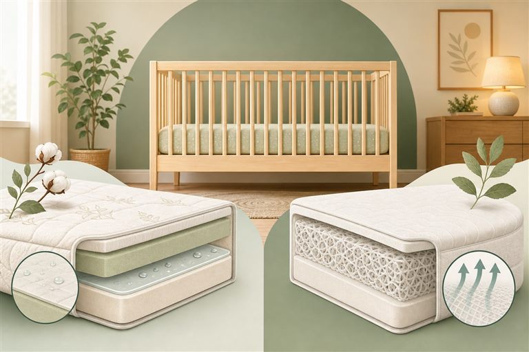 Neutral visual comparison of organic waterproof and washable breathable-core crib mattress priorities