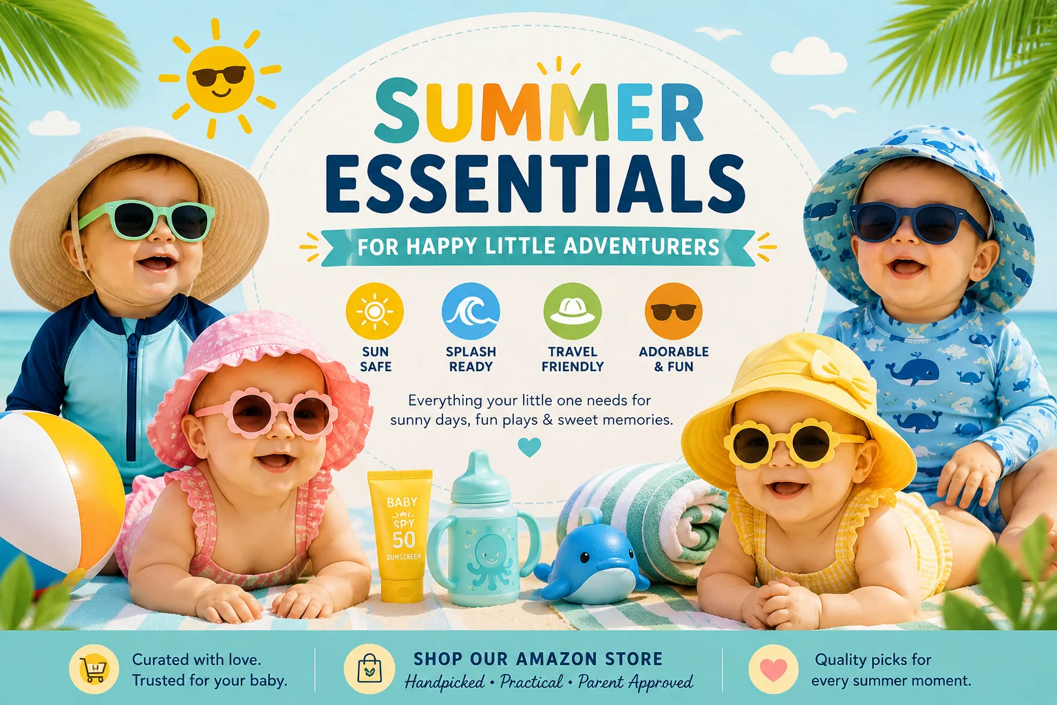 Summer baby essentials with sun hats, sunglasses, swim gear, sunscreen, and travel accessories